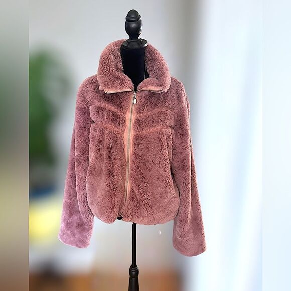 Anthropologie Faux Fur Jacket Teddy Bomber Chevron Detail Size L - Picture 9 of 16